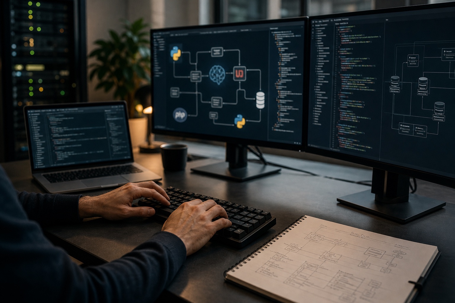 Engineering workspace with AI, Python, PHP, and database architecture
